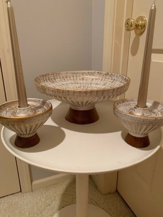 Vtg Mid Century Modern 3 Pc.  Ceramic Wood Display Bowl,  2 Candle Holders Gold