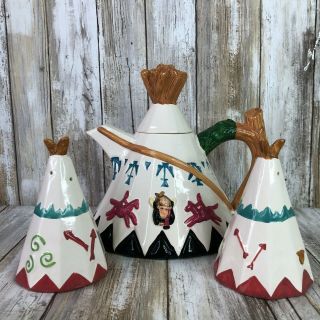 Vintage Native American Teepee Teapot & Salt & Pepper Shakers Indian Loomco 1994