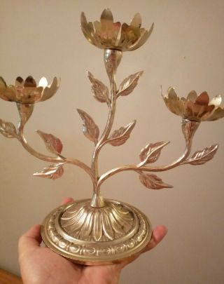 Vintage Silver Plated Italian 3 Arm Candelabra Lotus Flower Candle Holder
