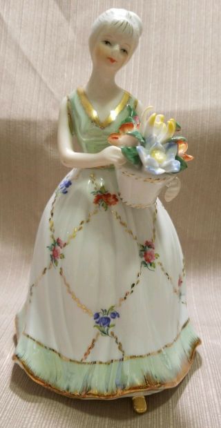 Vintage Kpm Lady Figurine In Green Dress With Flowers,  8.  25 "
