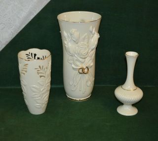 Three Vintage Lenox Vases_10 Inch W/ Rose Design,  7 Inch W/ Openwork,  And 7 Inch