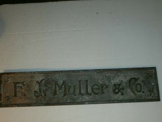 Vintage Solid Brass F.  J.  Muller & Co.  Sign Wall Plaque