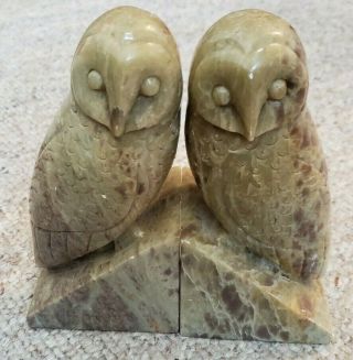Vintage Hand Carved Owl Book Ends Brown Tan Soap Stone India Mid Century