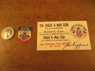 Rare Vintage 1940`s The Shield G - Man Club Membership Card & Badge - Pep Comics