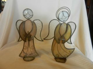Stained Glass Boy And Girl Angel Figurines With Wings 10 " Tall
