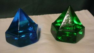 2 Vintage Mid Century Modern Deck Prism Pyramid Blue & Green Glass Paperweight