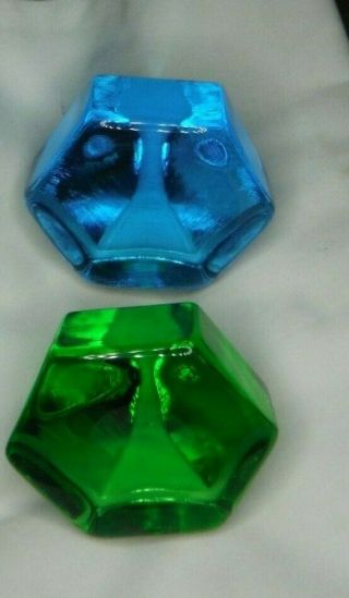 2 Vintage Mid Century Modern Deck Prism Pyramid Blue & Green Glass Paperweight 3