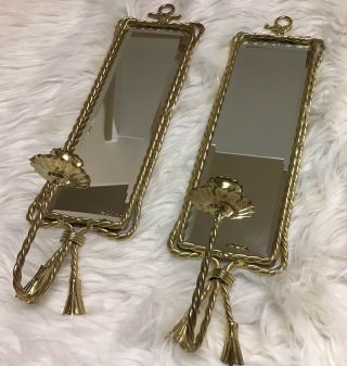 Vintage Beveled Mirror Wall Sconce Candle Holder Gold Metal Rope W/tassels 18”