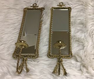 Vintage BEVELED MIRROR WALL SCONCE CANDLE HOLDER Gold Metal Rope w/Tassels 18” 2