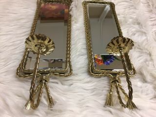 Vintage BEVELED MIRROR WALL SCONCE CANDLE HOLDER Gold Metal Rope w/Tassels 18” 3