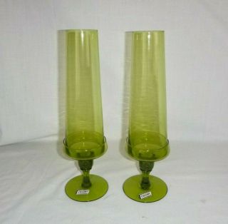 Pr Vtg Mid Century Modern Colony Glass Tall Green 2 Pc Candle Holders Italy