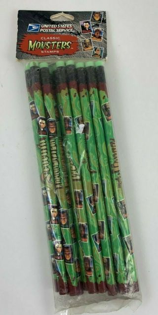 Vintage Usps Universal " Classic Monsters Stamps " Set Of 15 Pencils Dracula Mummy