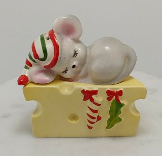 Vintage Christmas Salt & Pepper Shaker - Sleeping Mouse On Cheese Set 3 "