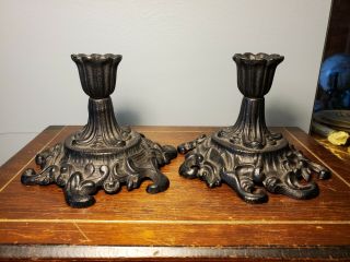 2 Vintage Black Gothic Victorian Style Cast Iron Candle Stick Holders Pre - Owned