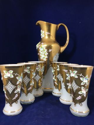 Set Of Bohemian Crystal By Slavia Glass Gold Enamel Hand Painted 13” Pitcher