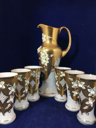Set of Bohemian Crystal by Slavia Glass Gold Enamel Hand Painted 13” Pitcher 2