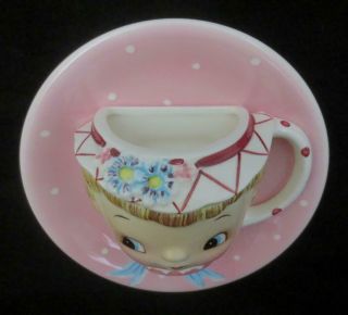 Vtg LEFTON ESD Miss Dainty Cup on Plate WALL POCKET PLANTER 7952 Hand Painted 2