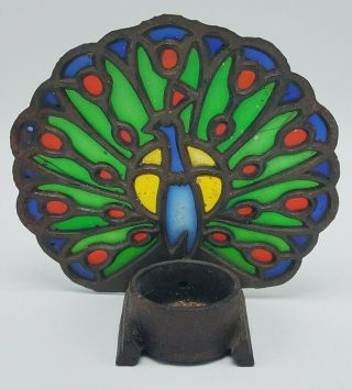 Vintage Cast Iron Stained Glass Candle Reflector Peacock 5 " Tall X 5 1/2 " Wide