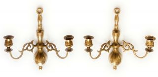 Vintage Georgian Solid Brass Candle Wall Sconce Pair 9 " Double Arm England