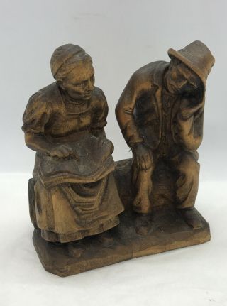 Vintage Anri Carved Wood Figurine Old Man And Woman 4 - 1/4” Tall 4”x2” Bottom