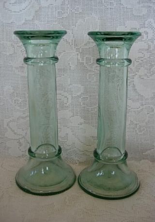 Collectible Vintage Set Of 2 Aqua/sage Green Glass Candle Sticks / Candlesticks