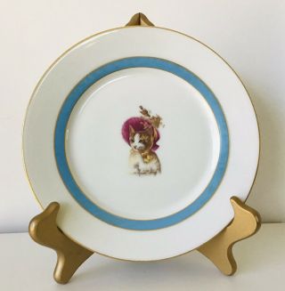 Charming Antique Limoges France Hand Painted Kitty Cat Plate W Bird Nest Bonnet