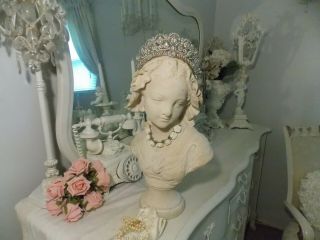 Shabby Vintage Plaster Maiden Lady / Irl Statue Bust W/ Rhinestone Tiara Crown