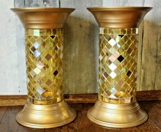 Partylite Global Fusion Gold Glass Mosaic Pillar Candle Holder Columns Set Of 2
