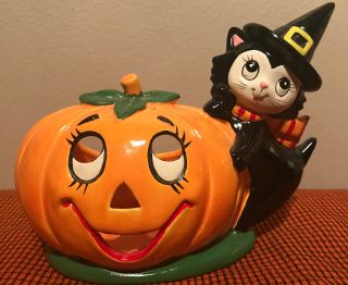 Vintage Lefton Halloween Pumpkin With Witch Black Cat Candle Holder /figure