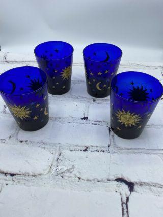 Libbey Celestial Sun Moon Star Cobalt Blue Tumbler Glass Set Usa - Set Of 4