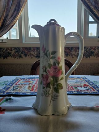 Vintage Porcelain Tea Pot With Pink Roses And Silver Trim Top 10”h Lorna Keith