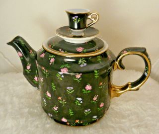 Fielder Keepsakes Fine Porcelain Black Teapot W/flowers W/mini Teacup Lid - Usa