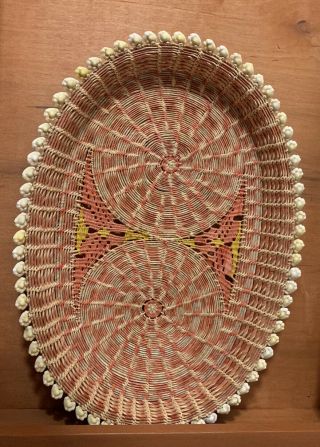 Woven Vintage Boho Wall Or Counter Basket Pink Beige With Seashells
