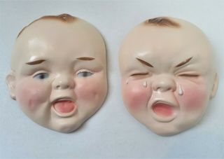 Vintage Bizarre Chalkware Baby Faces Happy & Sad Wall Hanging Plaster Rare 210