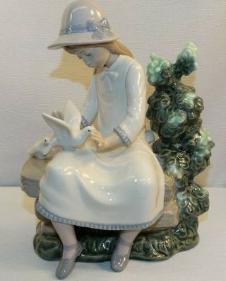Lladro Nao Figurines 0383 Girl Sitting On A Bench W/ Doves 8 3/4 " Tall
