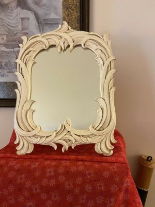Vintage 1940’s Syroco Wood Table Mirror Art Deco Ornate Hollywood Regency Ivory