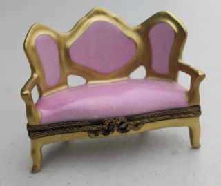 Limoges Pein Mein France Pink & Gold Couch Sofa Chain Trinket Box Vintage