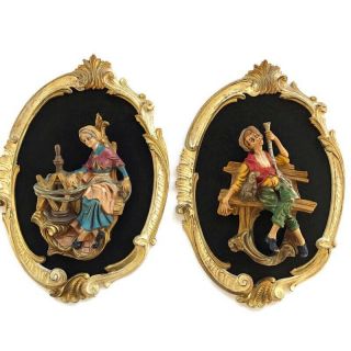 Vintage Set Of 2 Empire Italy 3d Wall Art Plaque Hanging Picture Man Woman Resin