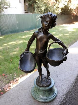 Antique Bronze? Figurine Statue " Nude Child With Baskets " Marble Base