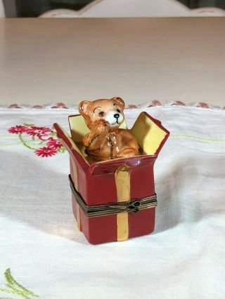 Limoges Peint Main France Teddy Bear In Gift Package Trinket Box,  La Gloriette