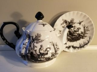 Aux Au Provence Black Rooster Toile Porcelain Teapot And Saucer Set