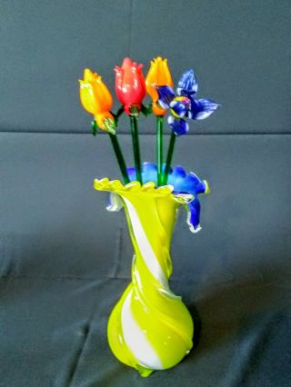 Authentic Murano Hand Blown Glass Colorful Bud Vase With Glass Flowers