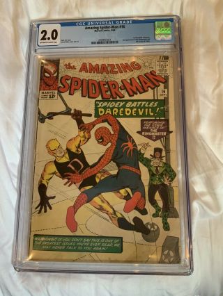 Spider - Man 16 (1964) Cgc 2.  0 Off - White Pages 1st Daredevil Crossover