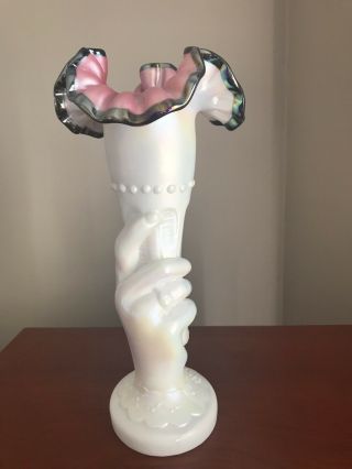 Fenton Hand Shaped Ruffle Edge Vase White With Pink,  Black Edging