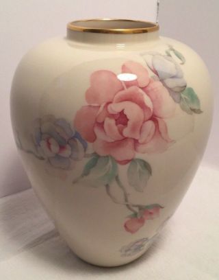 Lenox Chatsworth 9 " Vase Gilt Edges Floral Ivory Pattern Blue Green Pink Cream