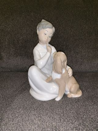 Retired Lladro Spain " Shhh Quiet " Boy With Puppy Dog 4522 Signed Glazed