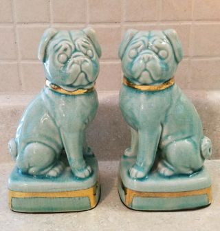 Set Of 2 Turquoise & Gold Pug Figurines 7 - 3/4 " Statues,  Andrea By Sadek,  Japan