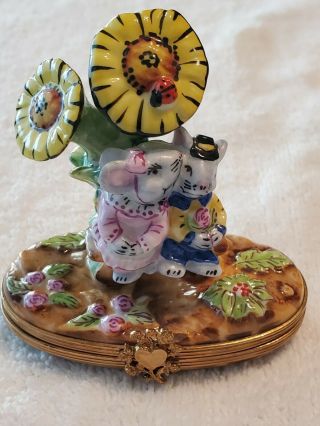 Limoges France Flat Trinket Box - Peint Main - 2 Mice In Love Under Sunflowers
