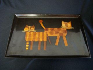 Large Mid Century Couroc Of Monterey Tray W/ 2 Cats Inlaid Brass And Wood