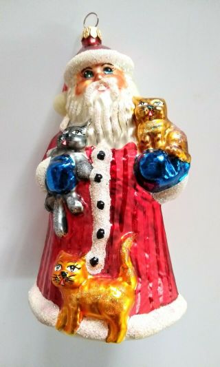 Christopher Radko Large Glass Christmas Ornament Santa Claus Holding Cats